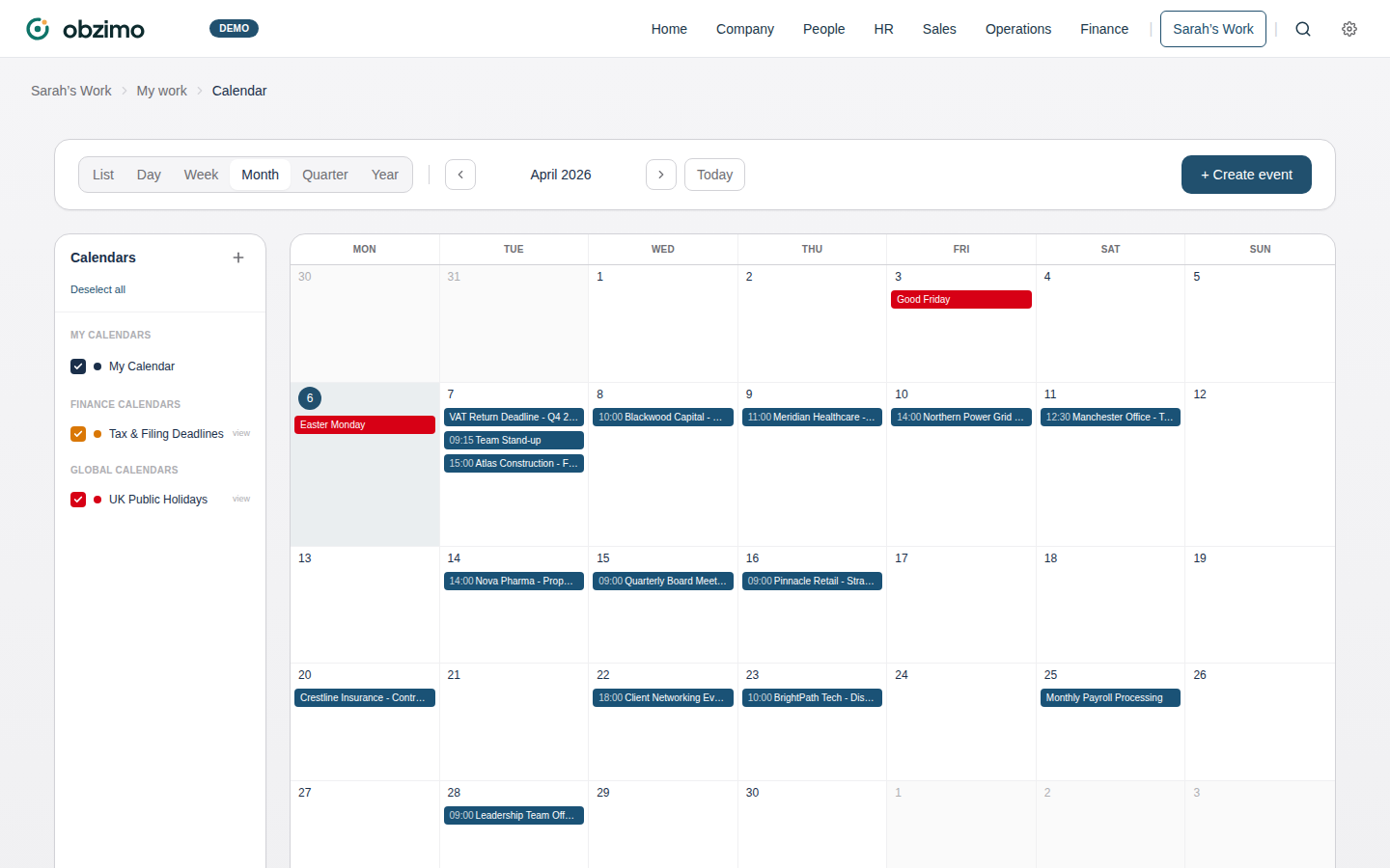 Obzimo multi-calendar showing meetings, deadlines and events across personal, team and project calendars