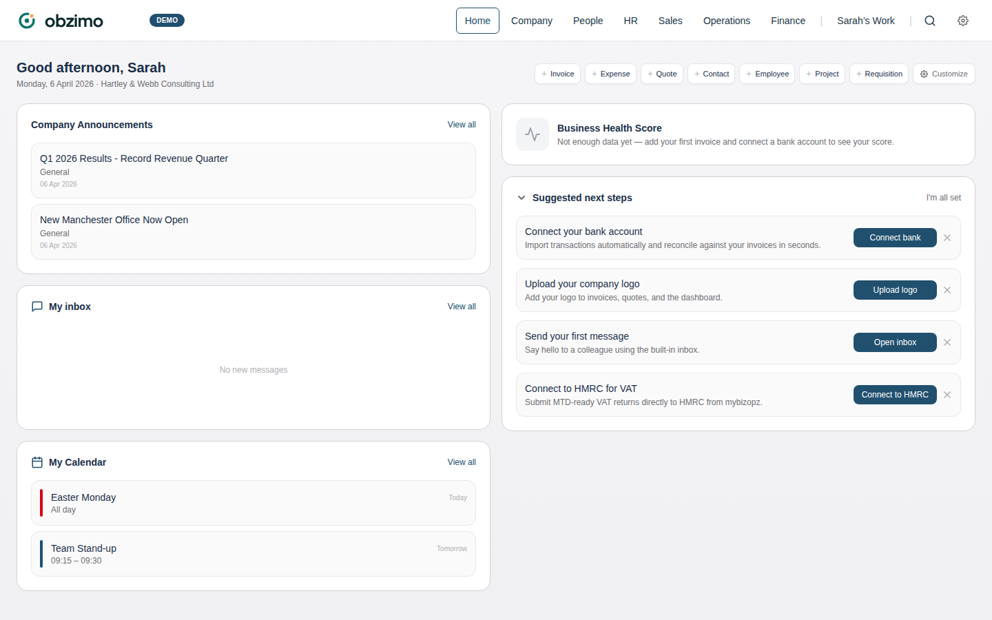 Obzimo dashboard showing business announcements, health score, calendar and tasks