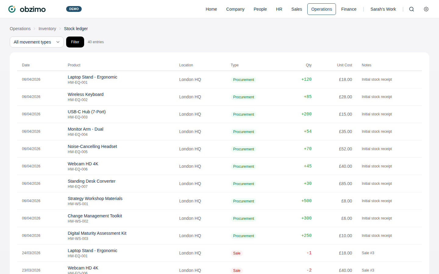 Stock ledger with movement tracking