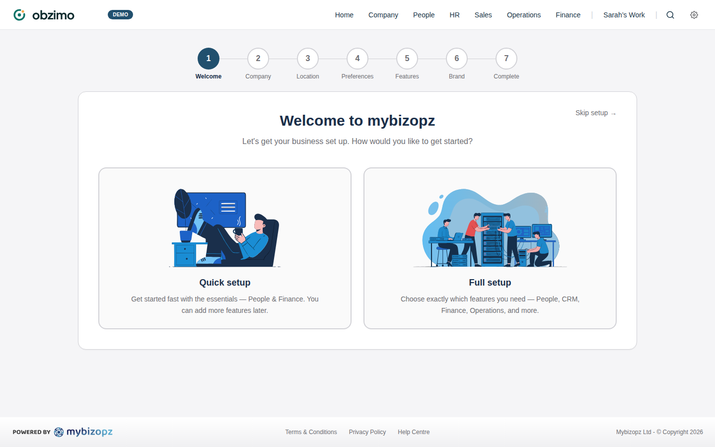 Obzimo guided onboarding wizard with Quick and Full setup options
