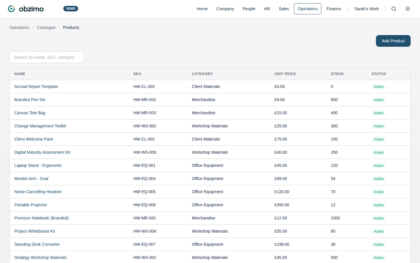 Obzimo product catalogue with stock tracking