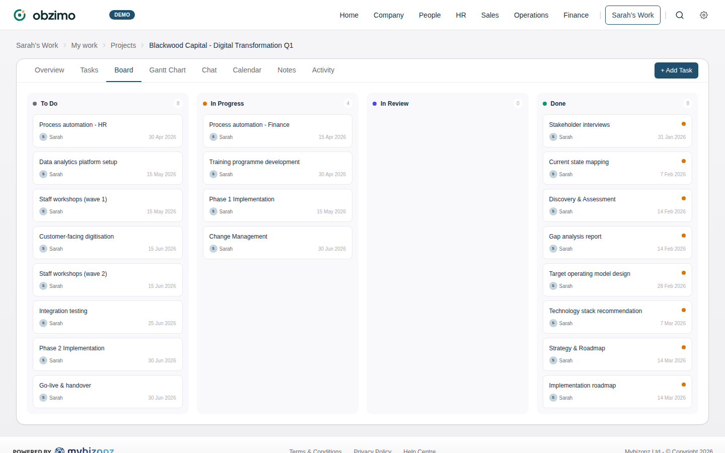 Kanban board with cards across To Do, In Progress, In Review, Done columns