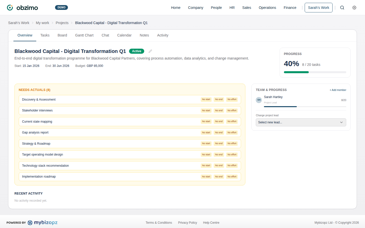 Project overview with progress, team and budget