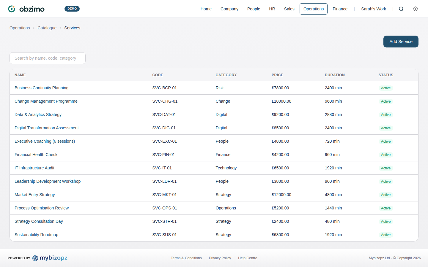Obzimo service catalogue with pricing and durations